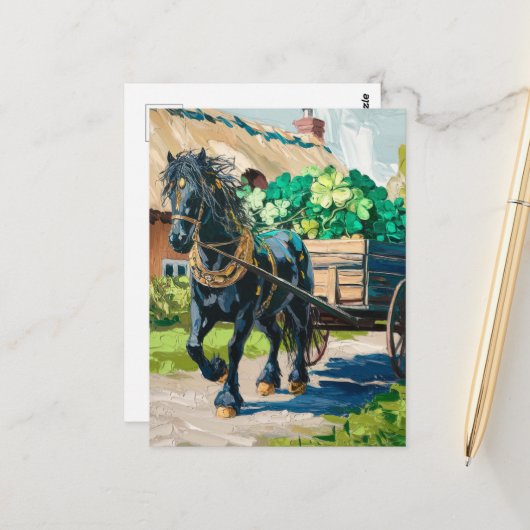 Zwart paard trekt een lading Shamrocks Briefkaart (Voorkant / Achterkant in situ)