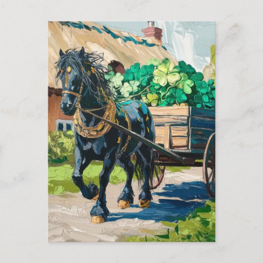 Zwart paard trekt een lading Shamrocks Briefkaart (Voorkant)