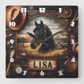 Zwart paardenportret met Westerne decorelementen Vierkante Klok (Voorkant)