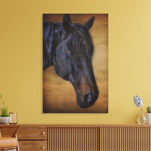 Zwart paardeportret op bijtend perkamenteffect canvas afdruk (Insitu (Woonkamer))