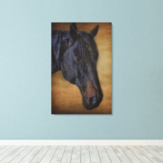 Zwart paardeportret op bijtend perkamenteffect canvas afdruk (Insitu (Houten vloer))