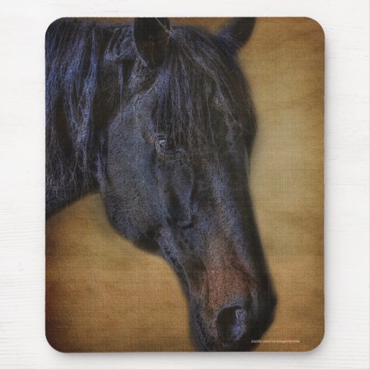 Zwart paardeportret op bijtend perkamenteffect muismat (Voorkant)