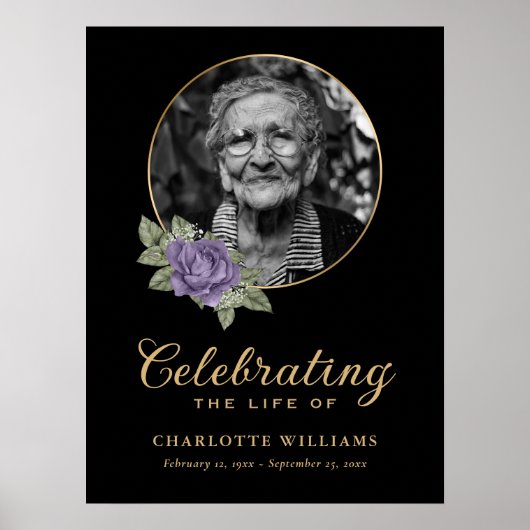 Zwart Paars Bloemstuk Rouwfoto Welkomstbord Poster (Voorkant)
