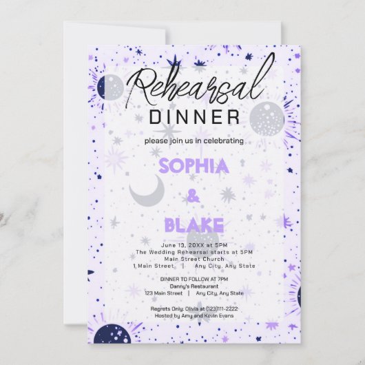 Zwart & Paars Celestial Bruiloftsrepetie Dinner Kaart (Voorkant)