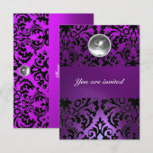 ZWART & PAARS DAMAST PATROON GEM STEEN MONOGRAAM   KAART (Voorkant / Achterkant)