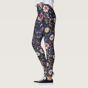 Zwart Paars Geel Roze Bloem Vlinders Leggings