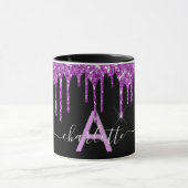 Zwart paars glitter druppelt monogram naamscript mok (Midden)