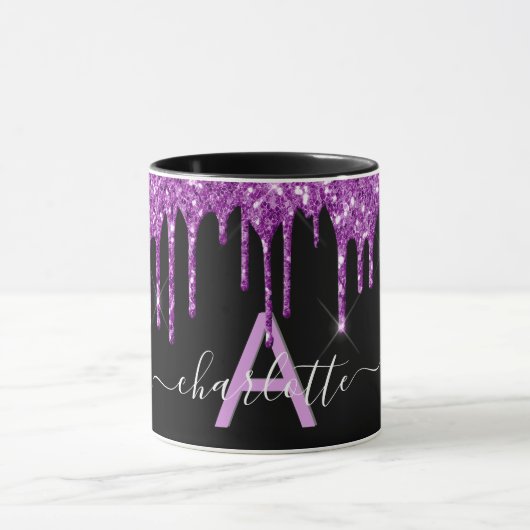Zwart paars glitter druppelt monogram naamscript mok (Midden)