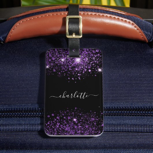 Zwart paars glitter monogram stofmonogram bagagelabel (Voorkant Insitu 2)