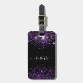 Zwart paars glitter monogram stofmonogram bagagelabel (Voorkant verticaal)