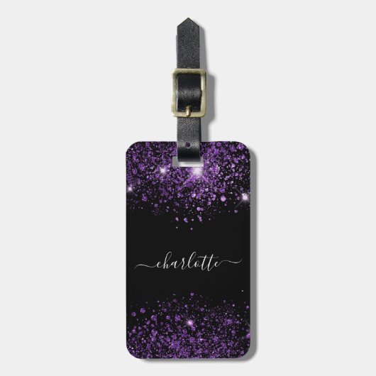Zwart paars glitter monogram stofmonogram bagagelabel (Voorkant verticaal)