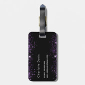 Zwart paars glitter monogram stofmonogram bagagelabel (Achterkant verticaal)