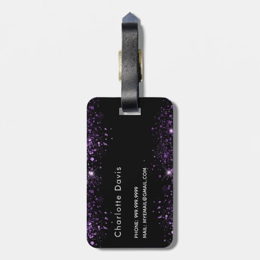 Zwart paars glitter monogram stofmonogram bagagelabel (Achterkant verticaal)
