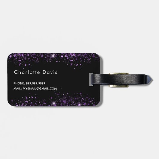 Zwart paars glitter monogram stofmonogram bagagelabel (Achterkant horizontaal)
