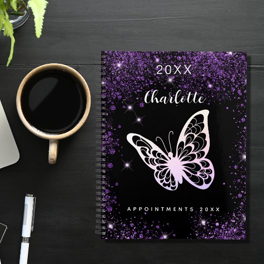 Zwart paars glitter-vlindernaamscript planner