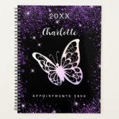 Zwart paars glitter-vlindernaamscript planner (Voorkant)