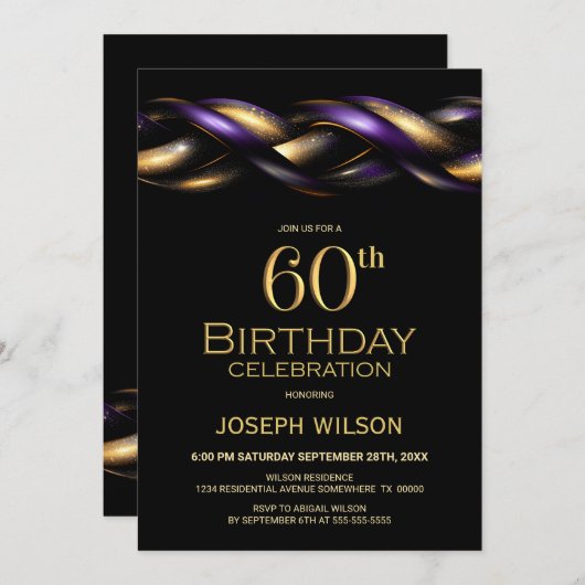 Zwart Paars Goud 60ste Verjaardagsfeest Kaart (Voorkant / Achterkant)