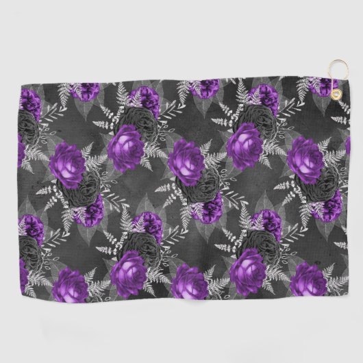 Zwart Paars Roos Elegant Silver Leaves Garden Golfhanddoek (Horizontaal)
