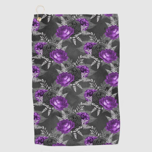 Zwart Paars Roos Elegant Silver Leaves Garden Golfhanddoek (Voorkant)