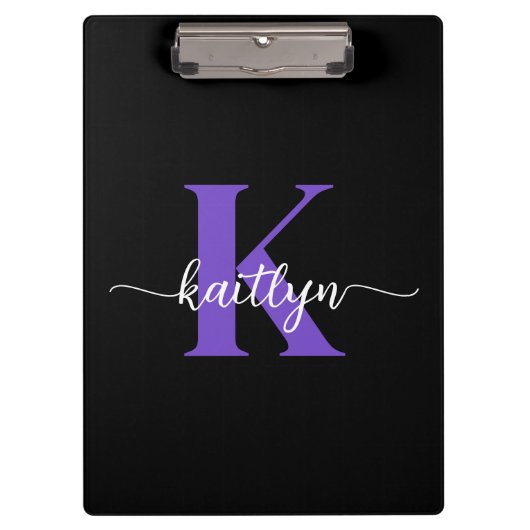 Zwart Paars Schrift Monogram Klembord (Voorkant)