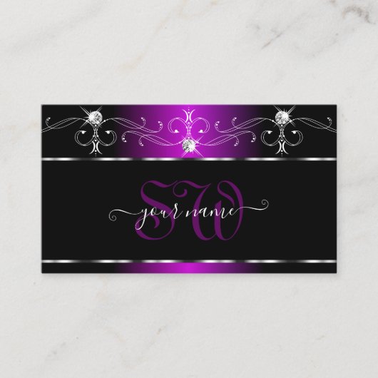 Zwart Paars Squiggles Sparking Diamonds Monogram Visitekaartje (Voorkant)