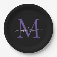 Zwart Paars Violet Monogram Modern Elegant Schrift
