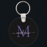 Zwart Paars Violet Monogram Naam Elegant Script Sleutelhanger<br><div class="desc">Eenvoudige zwarte Paarse Violet Monogram Elegant Moderne Manuscript Sleutelhanger</div>