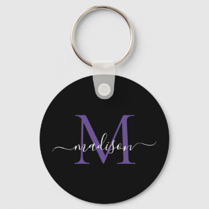 Zwart Paars Violet Monogram Naam Elegant Script Sleutelhanger