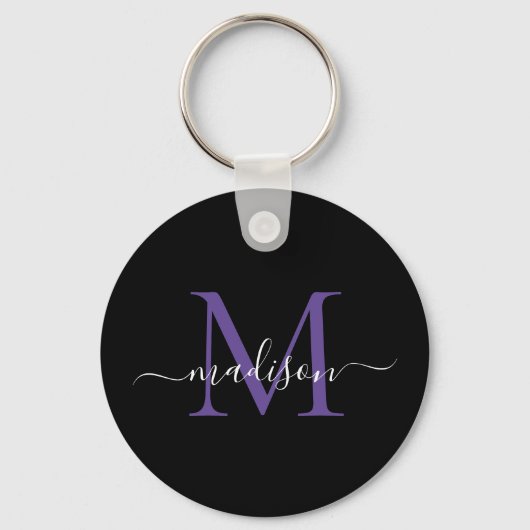 Zwart Paars Violet Monogram Naam Elegant Script Sleutelhanger (Voorkant)