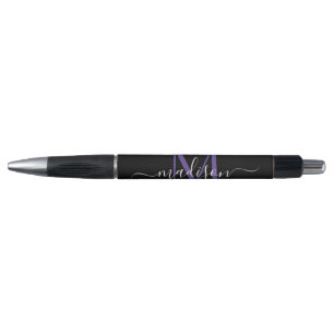 Zwart Paars Violet Monogram Script Naam Stijlvol Pen