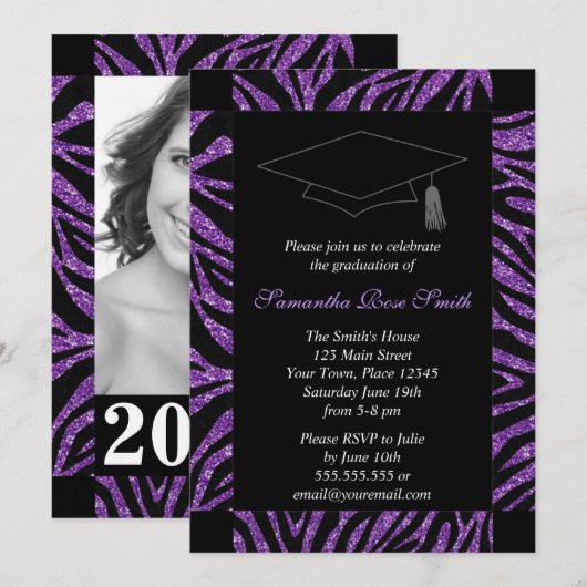 Zwart-Paars Zebra Afdrukfoto Afstuderen Kaart (Voorkant / Achterkant)