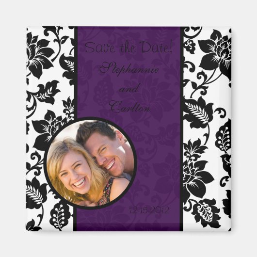 Zwart/Paarse Bloemen Damask Aankondigingsmagneet Magneet (Voorkant)