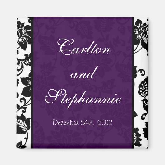 Zwart/Paarse Bloemen Damask Trouwmagneet Magneet (Voorkant)