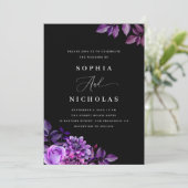 Zwart & Paarse bloemen - Elegante Gotische bruilof Kaart (Staand voorkant)