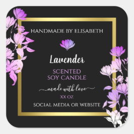Zwart Paarse Bloemen Product Verpakkingsetiketten  Vierkante Sticker