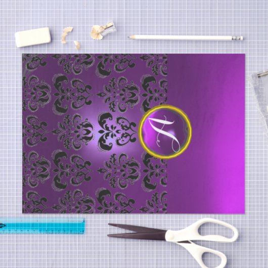 ZWART PAARSE DAMASK EDELSTEEN MONOGRAM Bloemen Tissuepapier (Craft)