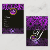 ZWART PAARSE DAMAST BLOEMMONOGRAM, Amethist Visitekaartje (Voorkant / Achterkant)