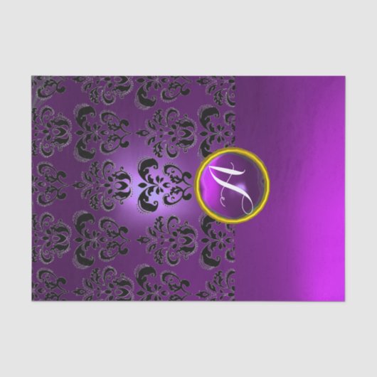 ZWART PAARSE DAMAST EDELSTEEN MONOGRAM Bloemig Tissuepapier (Voorkant)