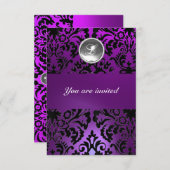 ZWART & PAARSE DAMAST PATROON GEM STONE INITIALEN  KAART (Voorkant / Achterkant)