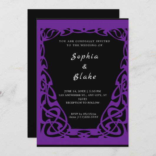  zwart-Paarse decobruiloft Kaart (Voorkant / Achterkant)