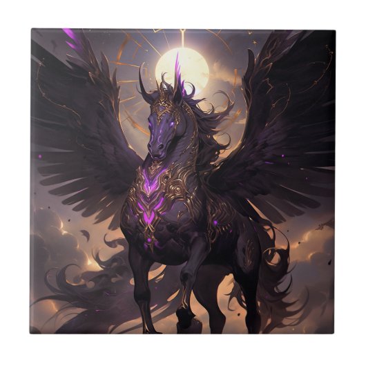 Zwart Paarse Eenhoorn Fantasy Art Tegeltje (Voorkant)