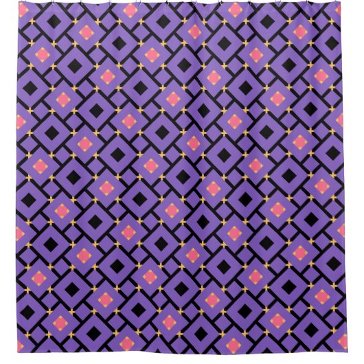 Zwart Paarse en roze motief met vierkanten Douchegordijn (Voorkant)