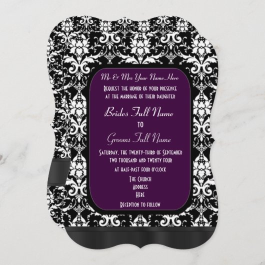 Zwart, paarse en witte damast bruiloft kaart (Voorkant / Achterkant)