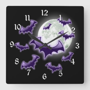 Zwart-Paarse Full Moon Bats Vierkante Klok