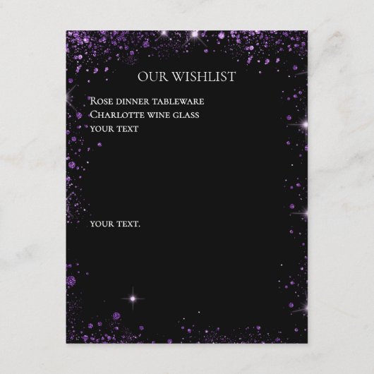 Zwart paarse glitter bruiloft wishlist QR code Informatiekaartje (Achterkant)