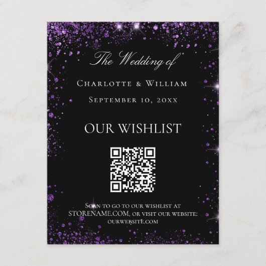 Zwart paarse glitter bruiloft wishlist QR code Informatiekaartje (Voorkant)