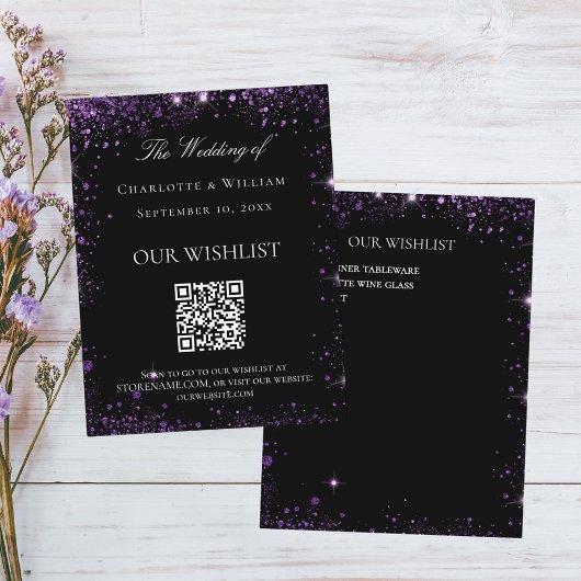 Zwart paarse glitter bruiloft wishlist QR code Informatiekaartje