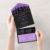 Zwart & Paarse Glitter Drip Bruiloft All In One Uitnodiging (Afscheurbaar)