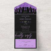 Zwart & Paarse Glitter Drip Bruiloft All In One Uitnodiging (Binnen)