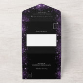 Zwart paarse glitter elegant script bruiloft all in one uitnodiging (Buitenkant)